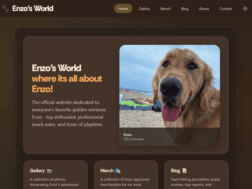Enzo's World home page in dark mode